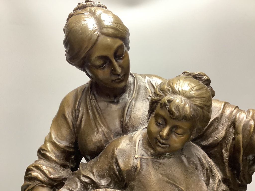 A 20th century cold cast bronze resin figure group of a mother and daughter playing an instrument, height 50cm